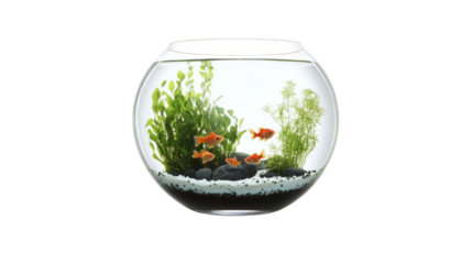 Goldfish swimming in a fishbowl with aquatic plants and transparent background