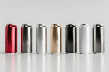 High-quality 3D render of aluminum slim cans in silver, white, black, and red, arranged on an isolated white background, perfect for beer can mockup templates