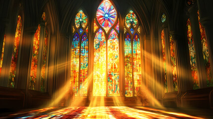 Fototapeta premium Stained glass windows illuminate a sacred space with radiant light. Sacred Spaces & Temples. Illustration