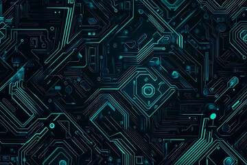 Abstract close-up of a glowing blue digital circuit board, showcasing intricate connections and technological design on a black background.
