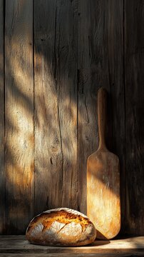 Rustic bread paddle in soft morning light with negative space