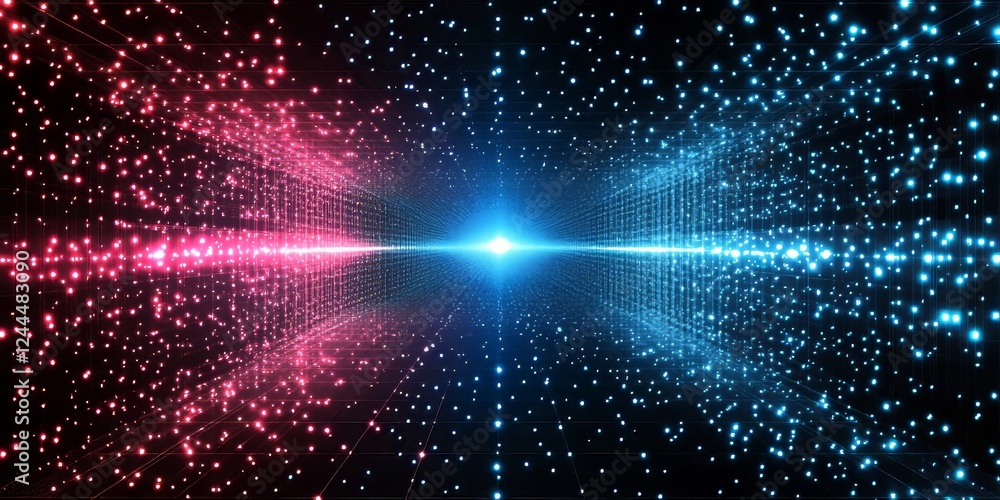 Poster abstract neon glowing lines and grid with sparkles, digital big data visualization background