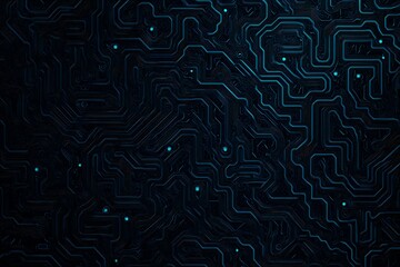 Abstract close-up of a glowing blue digital circuit board, showcasing intricate connections and technological design on a black background.
