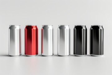 High-quality 3D render of aluminum slim cans in silver, white, black, and red, arranged on an isolated white background, perfect for beer can mockup templates