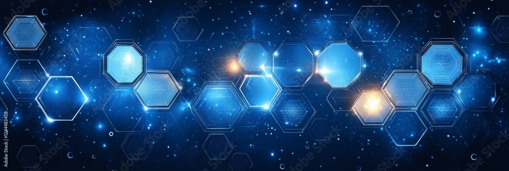 Poster futuristic abstract background with glowing blue hexagon mesh network connections in dark space