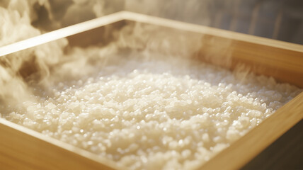 ふっくら輝く白米—木製おひつに収められた炊きたてご飯のクローズアップ