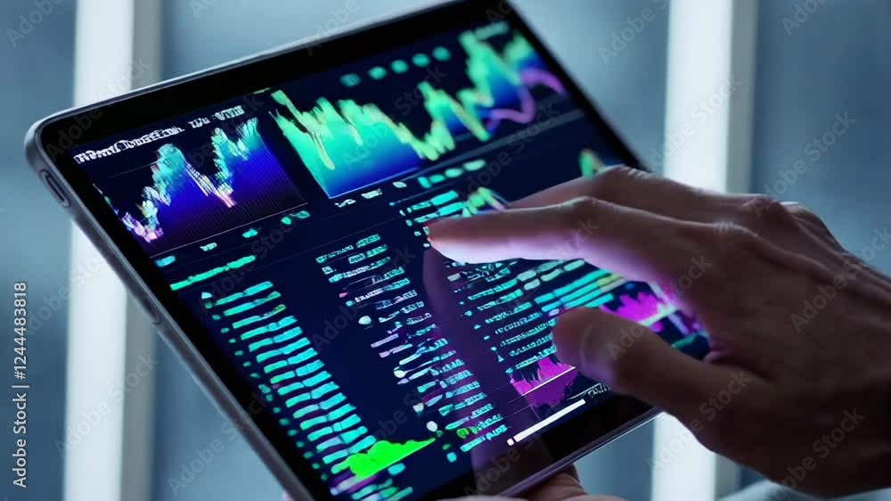 Aufkleber Stock market data analysis in slow motion, showing a trader interacting with a tablet displaying financial charts and graphs with colorful lines and dynamic data visualization