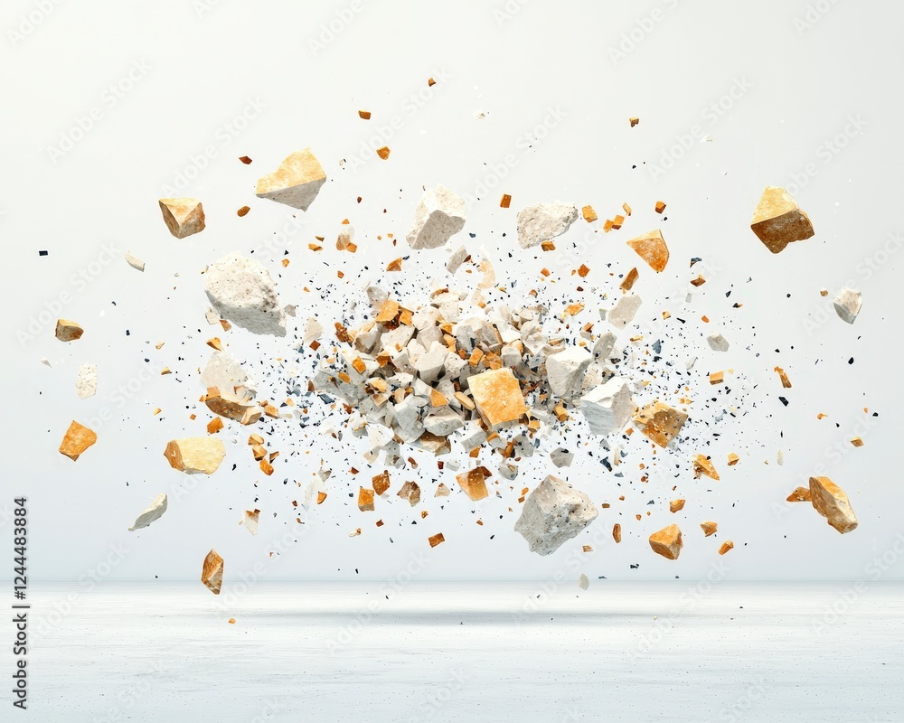 Poster an abstract explosion of rock fragments in varying sizes and textures, creating a dynamic visual eff