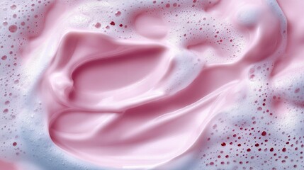 Pink liquid soap with bubbles, close up