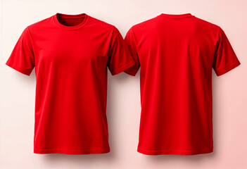 A vibrant red tshirt displayed from both front and back angles. Simple, plain design, ideal for showcasing prints or logos. Perfect for apparel marketing.