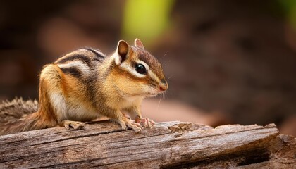 Stunning Closeup of a Cute Chipmunk Perched on an Old Wooden Pile, Showcasing its Playful Energetics against an Autumnal Backdrop, Featuring Rich Amber Tones and Textured Bark.