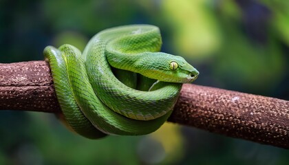 Striking Closeup of a Coiled Green Snake on a Tree Branch Against a Backdrop of Natures Autumn Hues at