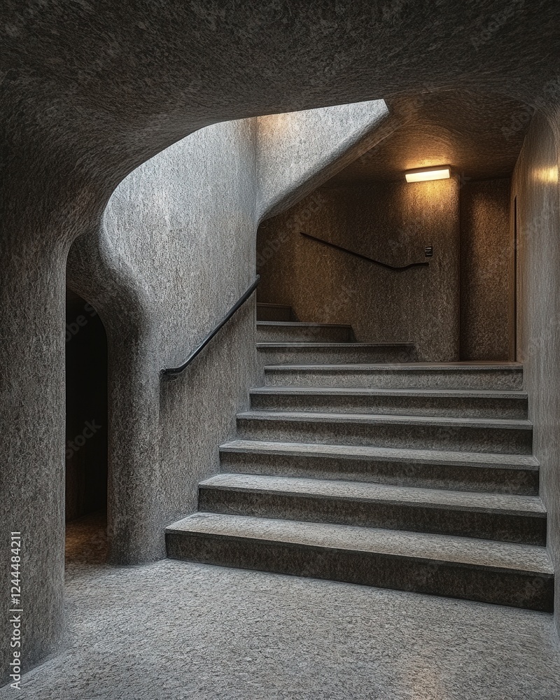 Poster a captivating view of a modern staircase illuminated by soft lighting, featuring smooth lines and te