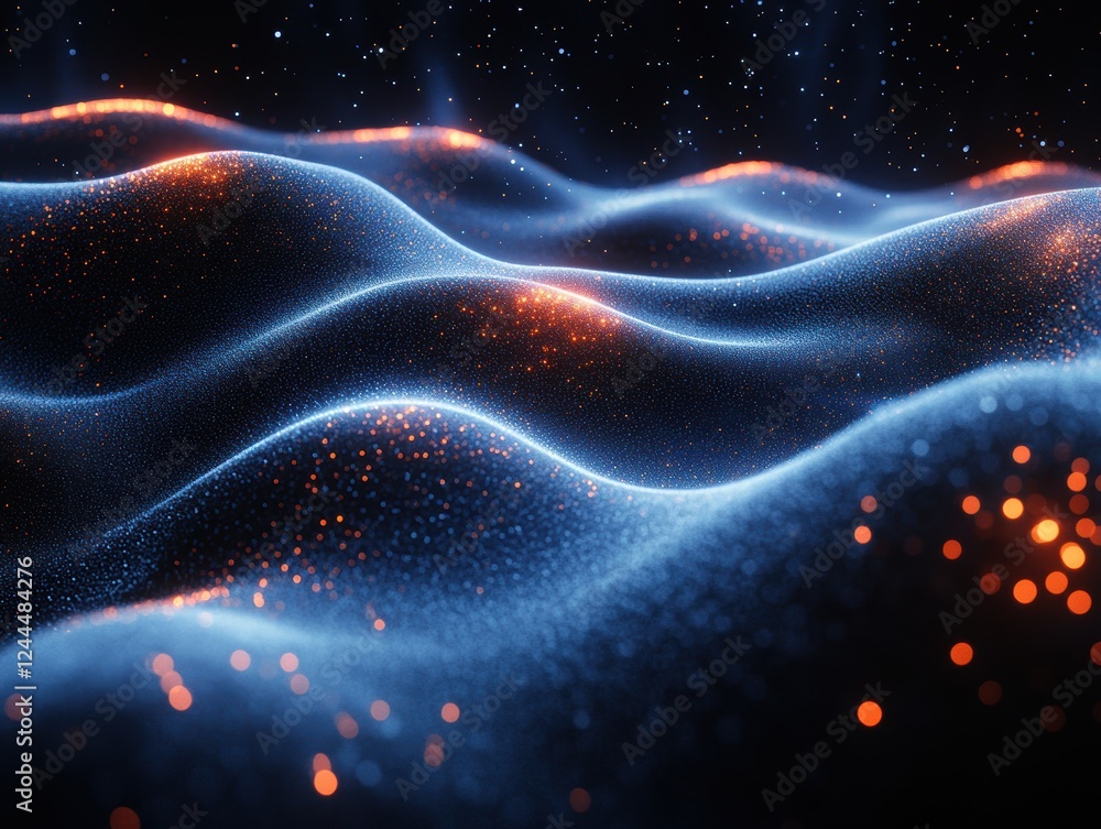 Poster abstract waves of light and particles creating a dynamic visual effect.