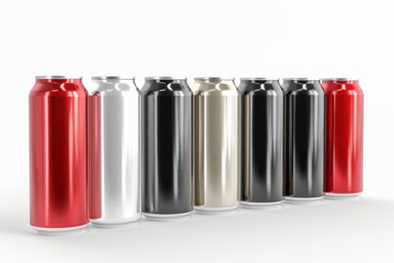High-quality 3D render of aluminum slim cans in silver, white, black, and red, arranged on an isolated white background, perfect for beer can mockup templates