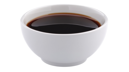 Small white bowl containing soy sauce on transparent background