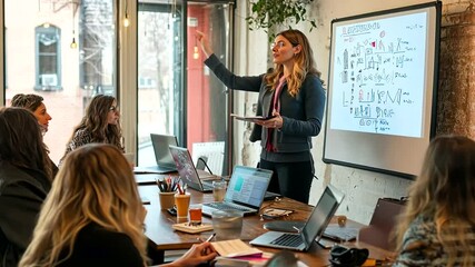 Businesswoman leads workshop; urban cafe, presentation