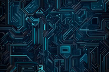 Abstract close-up of a glowing blue digital circuit board, showcasing intricate connections and technological design on a black background.
