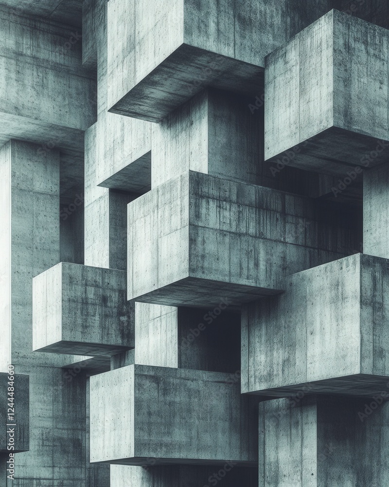 Poster A modern abstract composition showcasing interlocking concrete cubes, creating a striking visual pattern that blends minimalism with architectural design.
