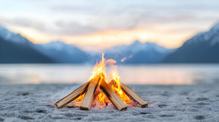 Beach bonfire at sunset, mountains background