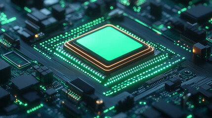 Fototapeta premium Futuristic Green Circuit Board, AI Chip with Glowing Neon Lights, Eco-Friendly Technology Concept – Generative AI
