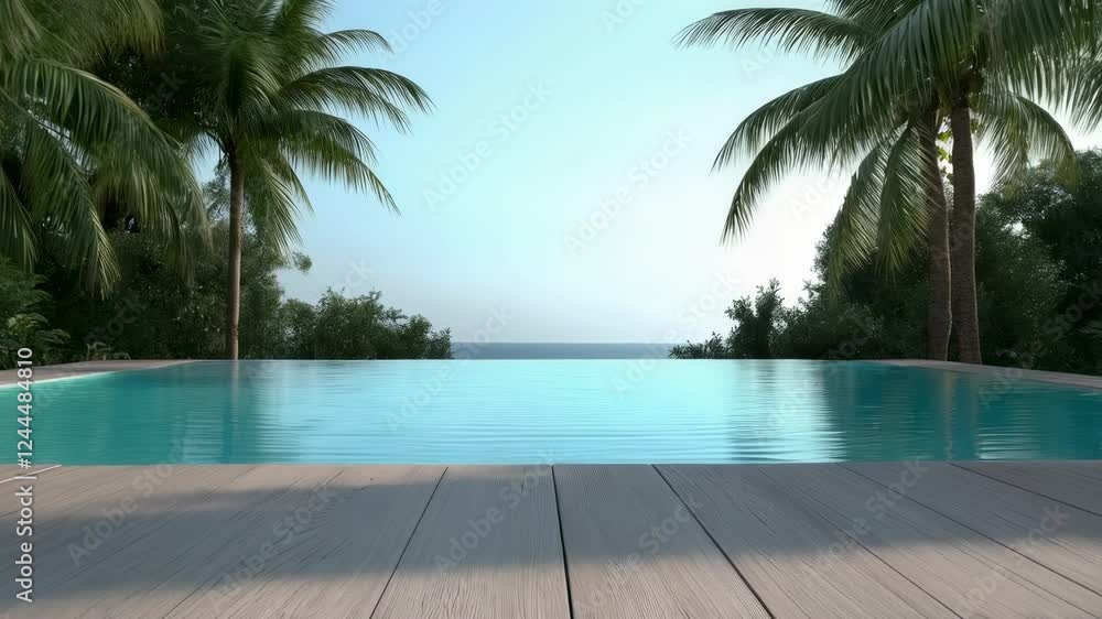 Poster Slow motion view of a tranquil infinity pool surrounded by palm trees, blending seamlessly with the ocean horizon during summer at a luxury resort