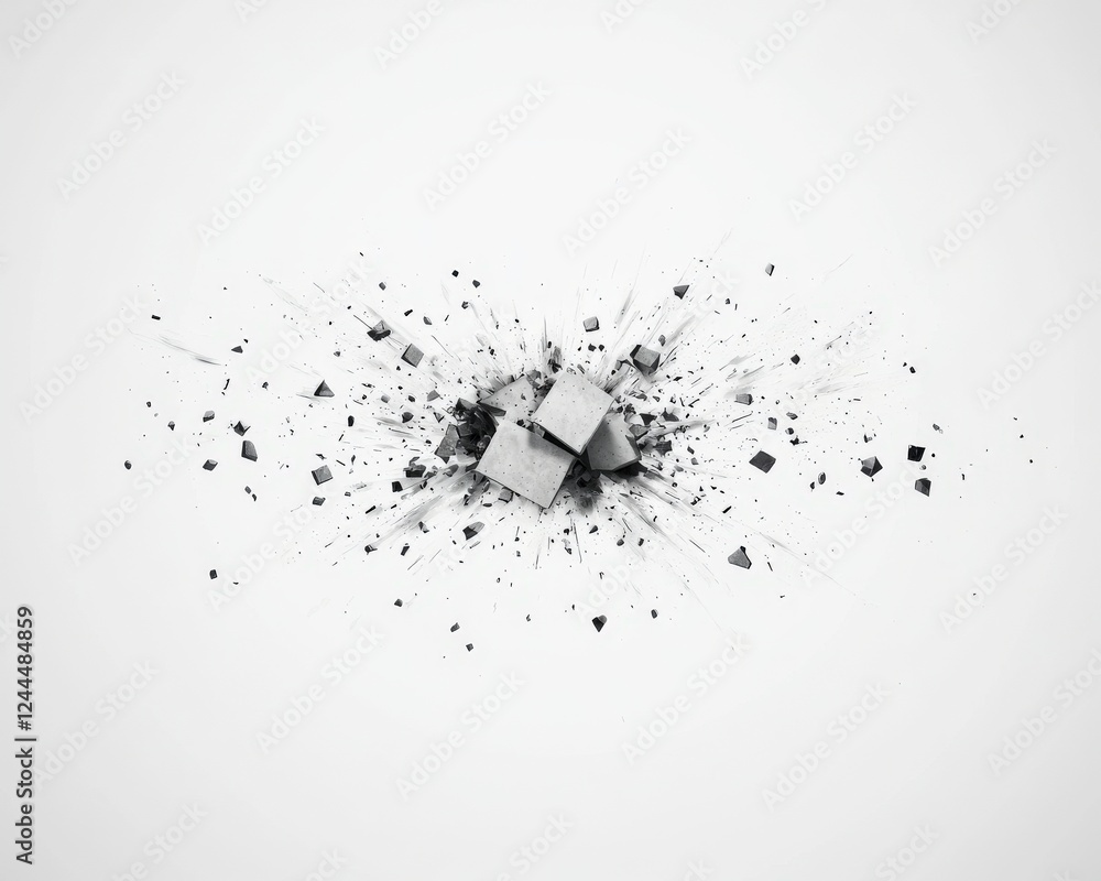 Poster a striking abstract black and white explosion graphic with geometric shapes, creating a dynamic and 