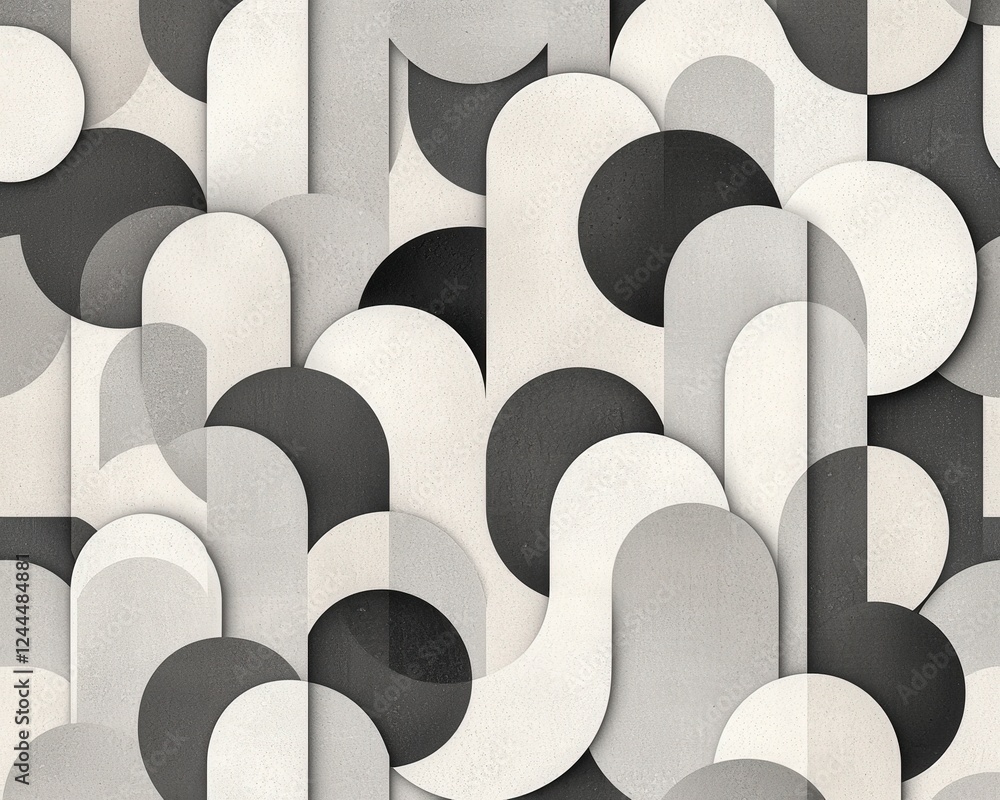 Poster a stunning abstract pattern featuring overlapping geometric shapes in shades of gray and white, crea