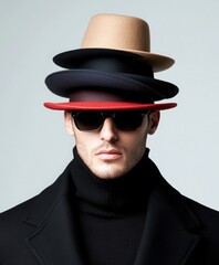 a jealous man in dark suit, wearing several different hats and sunglasses hiding his face, spying on his girlfriend. Infidelity concept