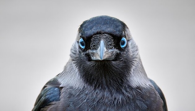 Intense BlueEyed Jackdaw in Portrait, Filling the Frame with Detailed Plumage and Vivid Gazing Stare, Captured at Twilight on a Winters Day.