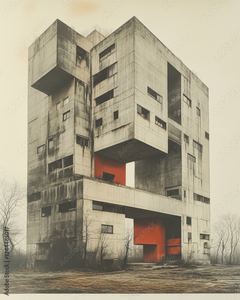 Poster an abstract view of a modern, brutalist building showcasing unique geometric shapes and contrasting 