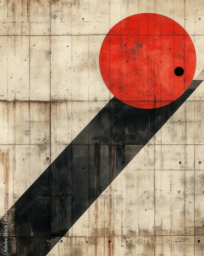 Poster abstract graphic design featuring a bold red circle and a diagonal black shadow on a textured concre