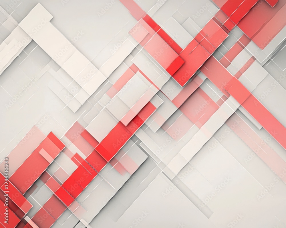 Poster an abstract composition featuring overlapping geometric shapes in red and white tones, creating a mo