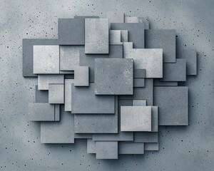 A modern abstract wall design featuring layered concrete rectangles in varying shades of gray, showcasing geometric shapes and textures.