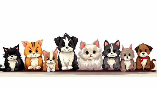 A row of cartoon cats and dogs dancing together on a white background.