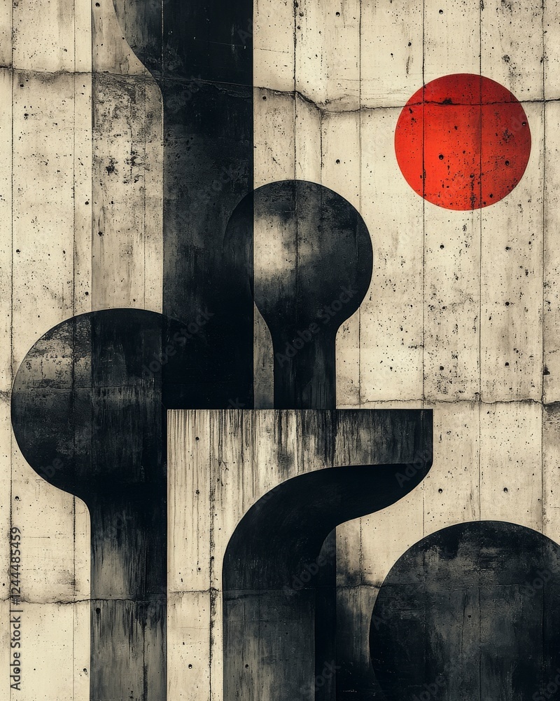 Poster an abstract composition featuring geometric shapes and a red circle against a textured concrete back