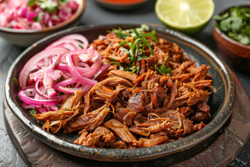 Savory plate of shredded meat slow-cooked beef cochinita pibil garnished with onions and herbs served on dark brown background