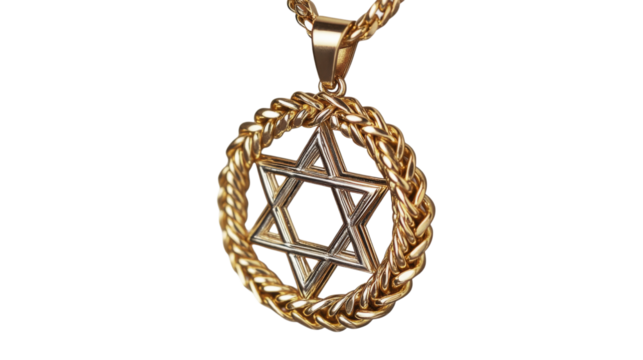 Gold star of david pendant hanging on a gold chain with transparent background