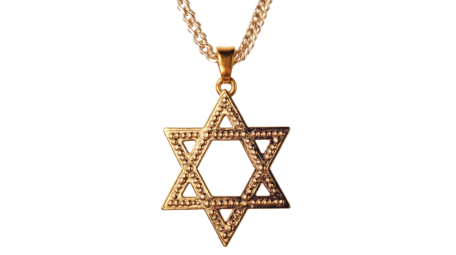 Golden star of david pendant hanging on a chain with transparent background
