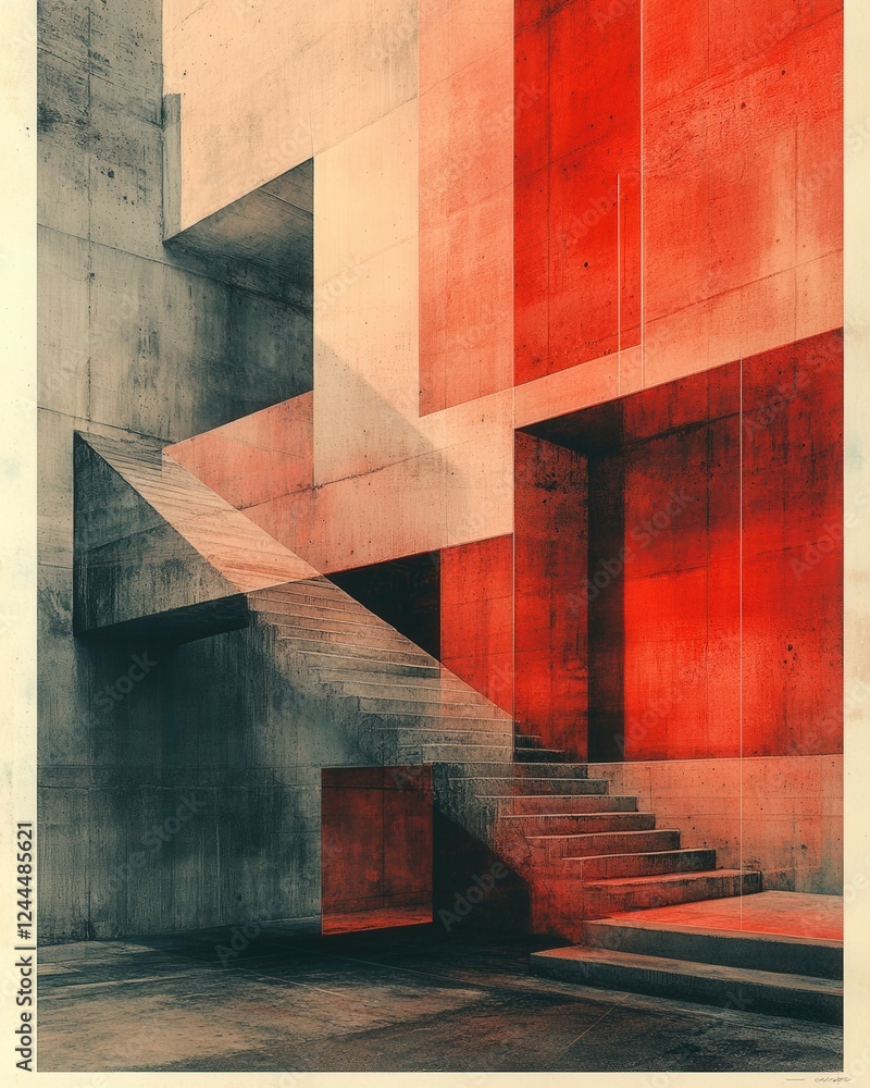 Poster an abstract architectural composition featuring geometric shapes and striking color contrasts of red