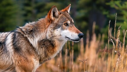 Fototapeta premium Striking CloseUp of a Brown Wolf Amid Banff National Parks Winter Wonderland, Showcasing the Majesty and Resilience of Wildlife in Canadas Rocky Mountains