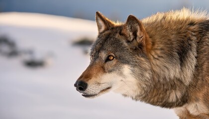 Intense Encounter A Brown Wolf Gazes Intently in Banff National Parks Winter Wonderland, Framed Against a Backdrop of SnowCapped Peaks