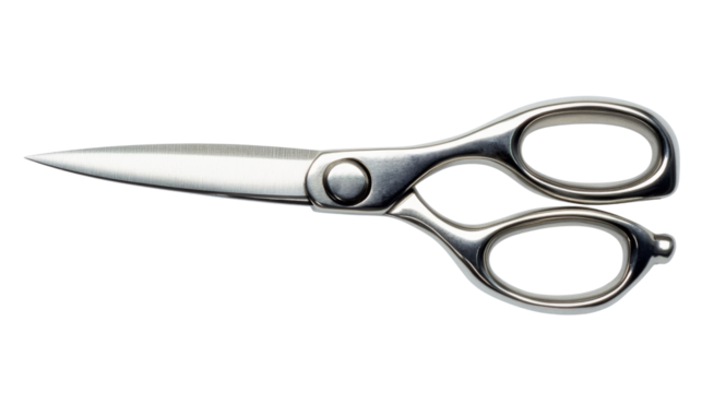 Professional metal scissors isolated on transparent background, ready for cutting