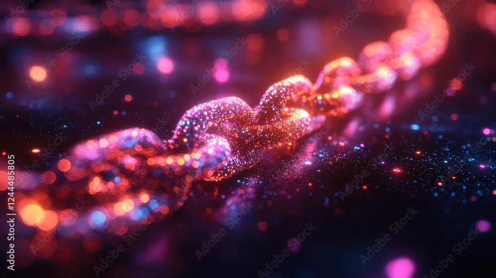 Poster a close-up view of a sparkling chain illuminated by vibrant lights against a dark background