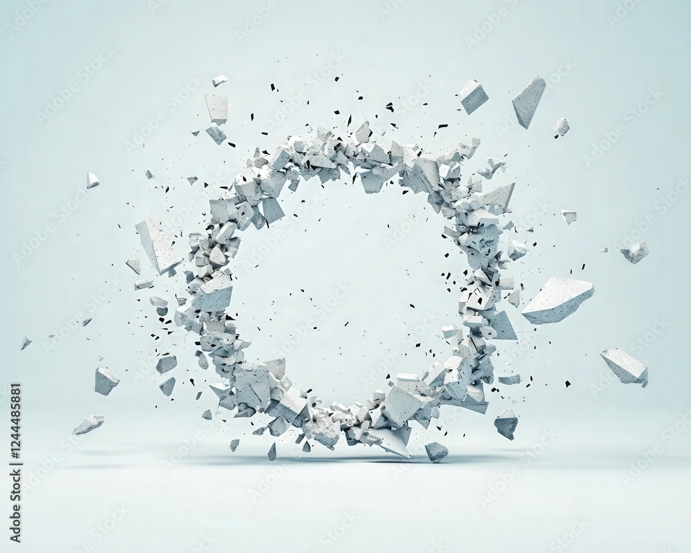 Poster a dynamic abstract composition featuring a circular burst of shattered white fragments. the particle