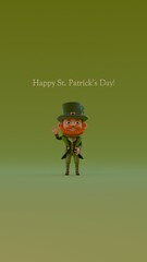 3D-rendered leprechaun character standing and waving on a green background.