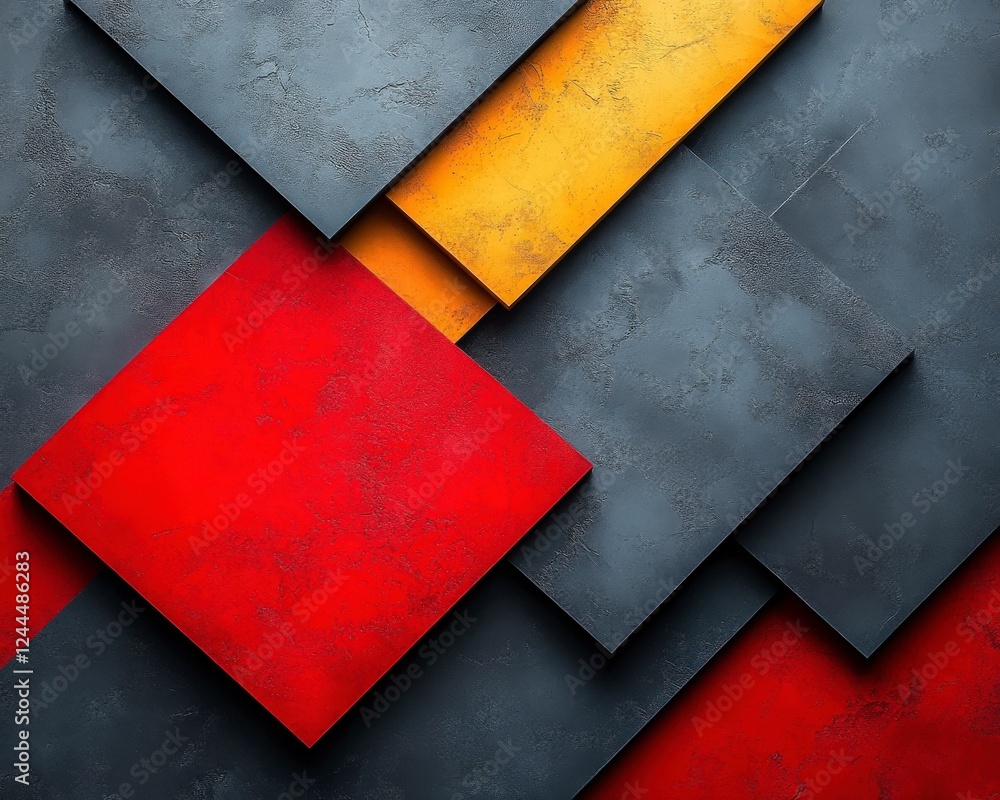 Poster an abstract composition featuring layered colors of red, yellow, and gray, creating a visually strik