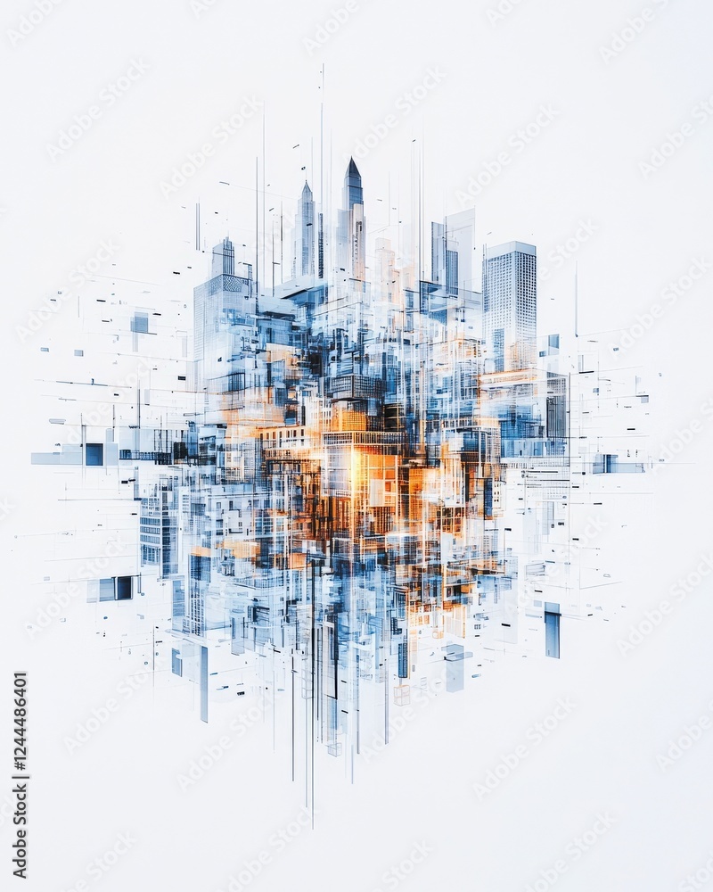 Poster an abstract representation of a futuristic cityscape, blending technology and urban elements with vi