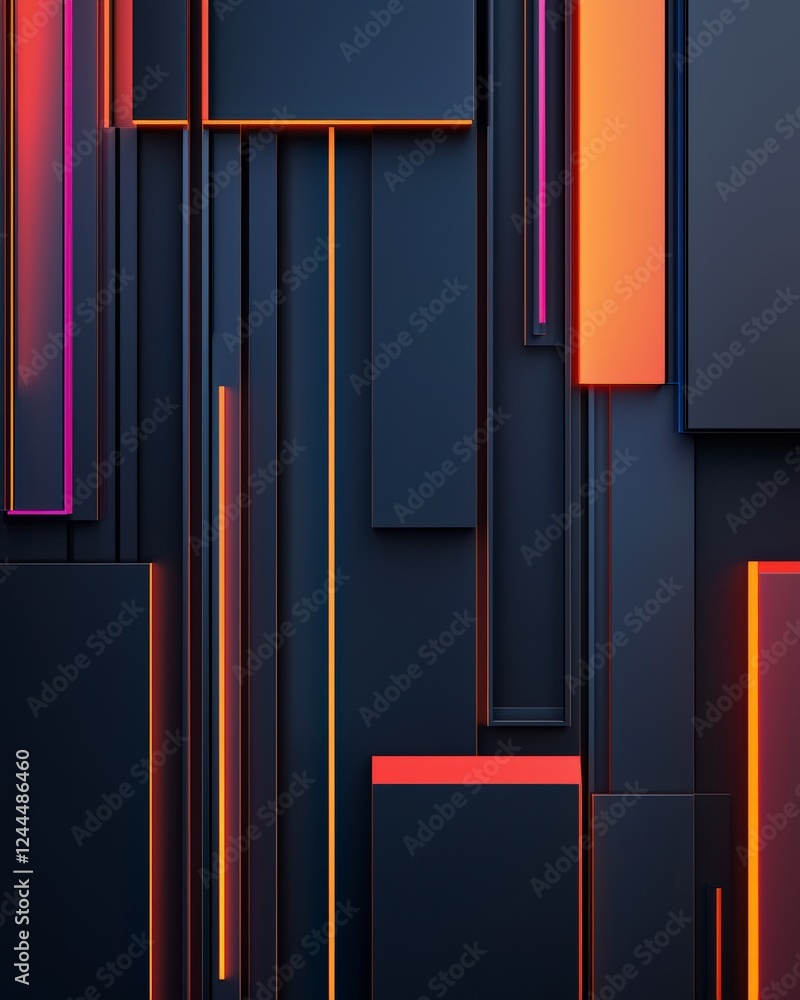 Poster an abstract composition featuring layered shapes in dark tones with vibrant colors, perfect for mode