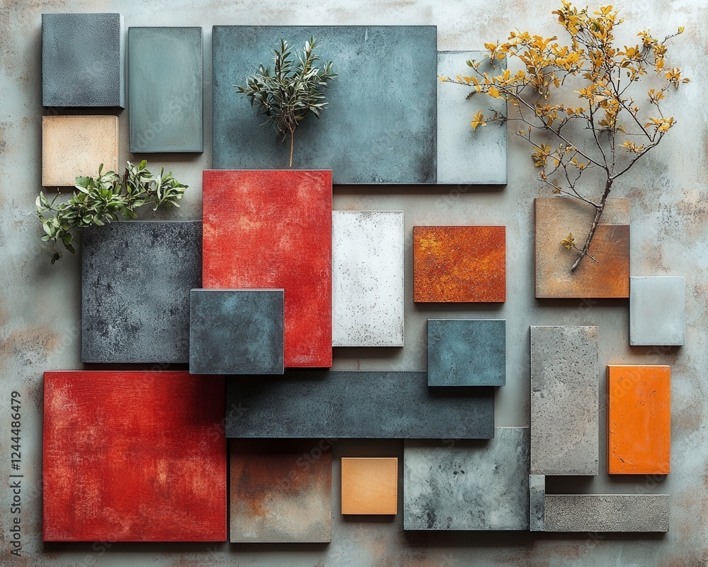 Poster a modern abstract composition featuring a variety of colored panels and natural elements, creating a